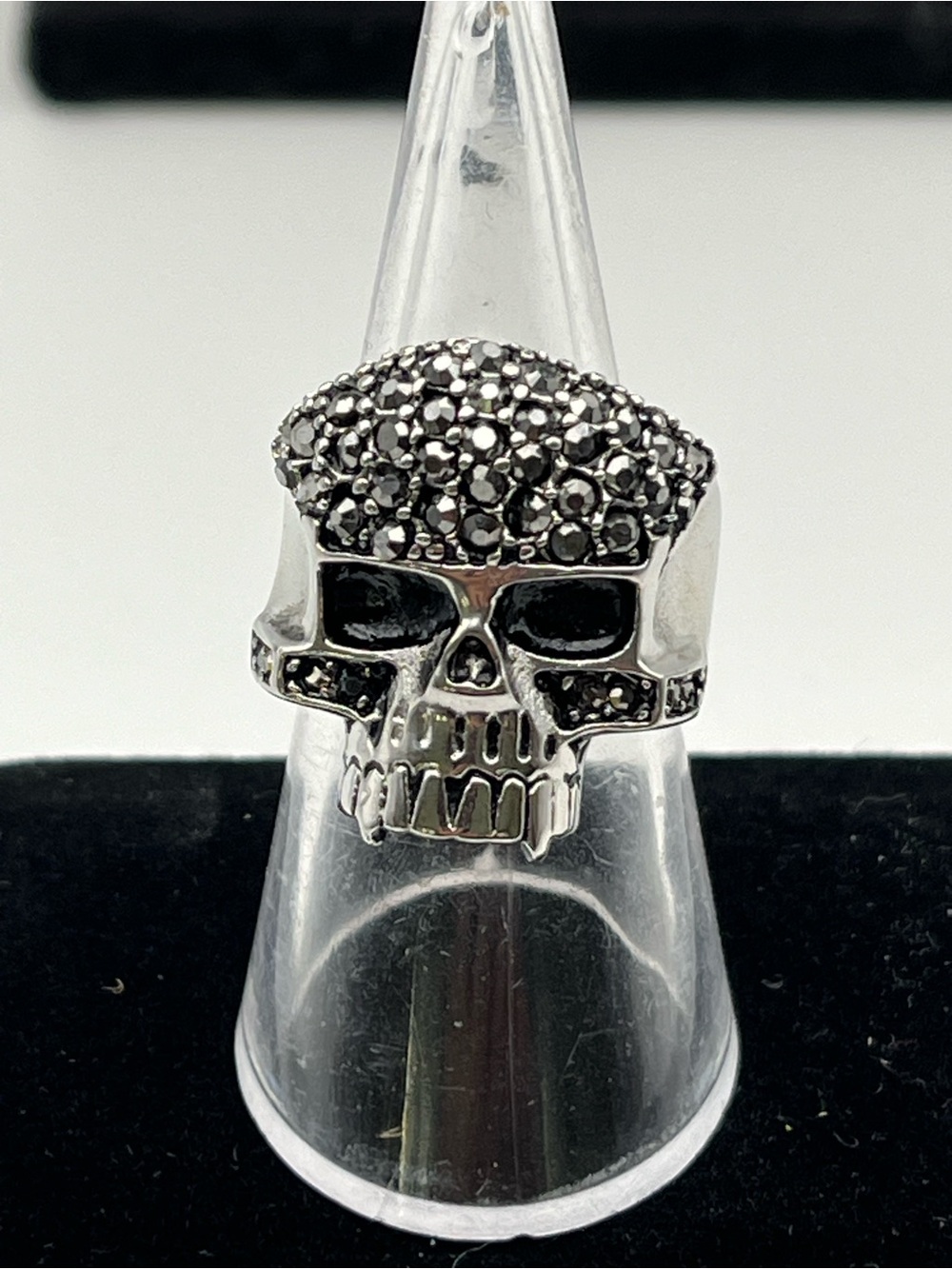 Stainless Steel Silver Skull Ring with Black CZ Accents
